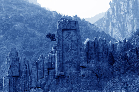 PINGGU COUNTY - APRIL 12: word "stone forest gorge" carved on the rock, stone forest gorge scenic landscape, April 5, 2014, Pinggu county, beijing, China.のeditorial素材