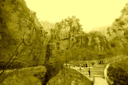 PINGGU COUNTY - APRIL 12: stone forest waterfall landscape, April 5, 2014, Pinggu county, beijing, China.のeditorial素材