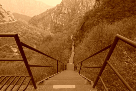 stone forest canyon scenic spot metal plank road, beijing, chinaの写真素材