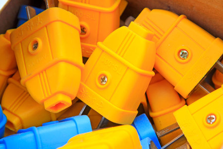 yellow plastic plug, closeup of photoのeditorial素材
