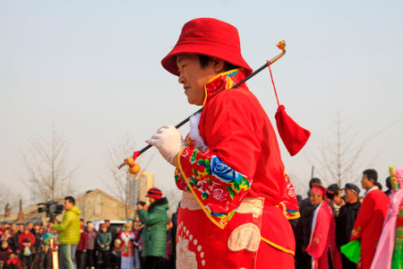 LUANNAN COUNTY - MARCH 2: traditional Chinese style yangko dance performances in the square, on...