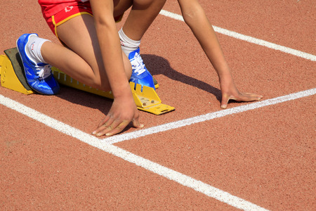 short distance runner ready to start, closeup of photoのeditorial素材