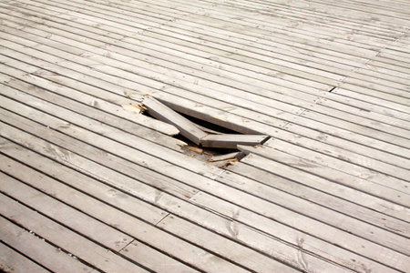 Broken wooden platform, closeup of photoの写真素材