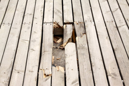 Broken wooden platform, closeup of photoの写真素材
