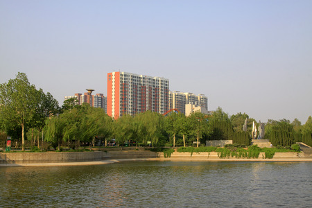 Buildings and trees in a city, closeup of photoのeditorial素材