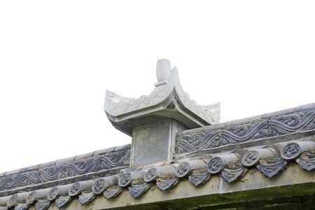 traditional Chinese architectural style gray eaves tiles wall decoration, closeup of photoの写真素材