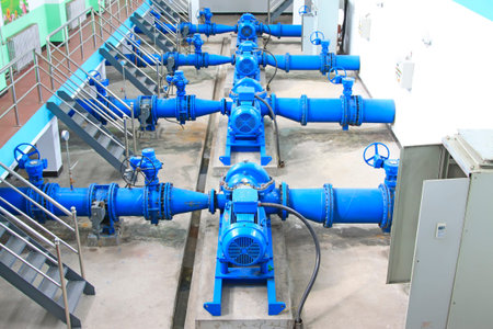 Water supply pump station of mechanical equipment, closeup of photo