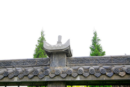 traditional Chinese architectural style gray eaves tiles wall decoration, closeup of photo