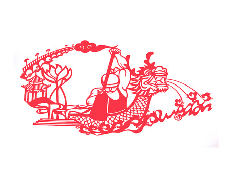 Chinese paper-cut works on white background, closeup of photoの写真素材