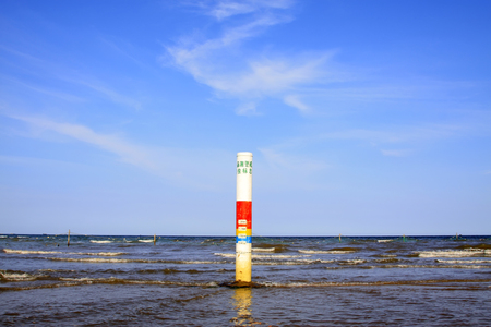 storm surge alert water level mark, closeup of photoの写真素材