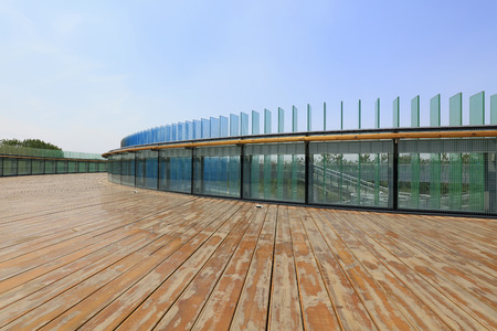 solar energy heat-collection plates and wooden platformsの写真素材