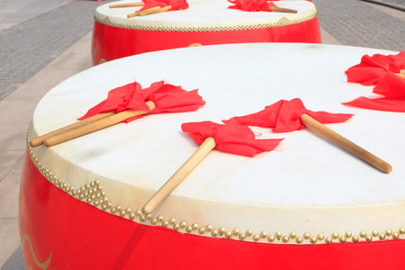 Chinese style drums and hammer, closeup of photoの写真素材