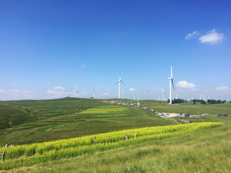 Wind turbines on the grassland, Zhangjiakou City, Chinaのeditorial素材