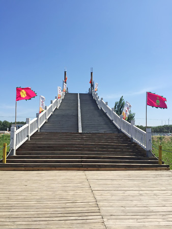 wide meadow wetland park building scenery, Chinaのeditorial素材