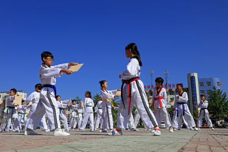 Tangshan - August 8: Taekwondo performances in the park, August 8, 2016, tangshan city, hebei province, Chinaのeditorial素材