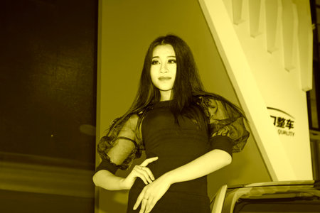 TANGSHAN - MAY 31: Beauty model in a car markets on may 31, 2014, Tangshan city, Hebei Province, Chinaのeditorial素材