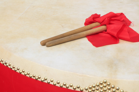 Chinese style drums and hammer, closeup of photoの写真素材