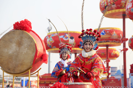 Tangshan City - February 20, 2018: Women drum performance in the park, Tangshan City, Hebei, Chinaのeditorial素材
