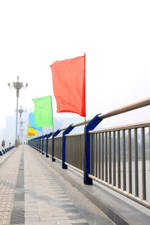 Bridge railing and bannerの写真素材