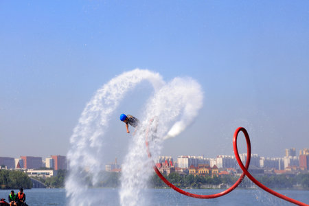 Water stunts performance in a parkの写真素材