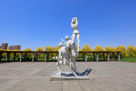 Volleyball player sculpture in the park, Tangshan, Chinaのeditorial素材