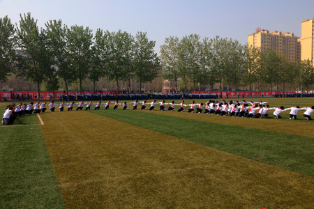 Luannan County-April 21, 2016: Group gymnastics show, at the games, Luannan, Hebei, Chinaのeditorial素材
