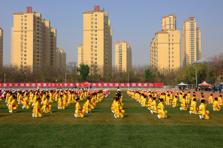 Luannan County-April 21, 2016: Group gymnastics show, at the games, Luannan, Hebei, Chinaのeditorial素材