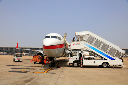 Shanghai City-August 28, 2018: International flights at Shanghai Pudong International Airport, Shanghai City, Chinaのeditorial素材