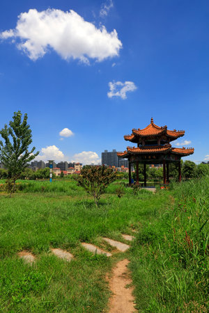 Pavilion in the park, summer scenery, Chinaのeditorial素材