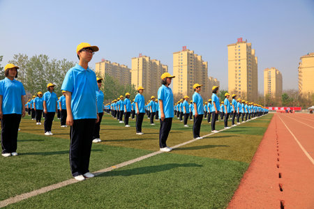 Luannan County-April 21, 2016: Group gymnastics show, at the games, Luannan, Hebei, Chinaのeditorial素材