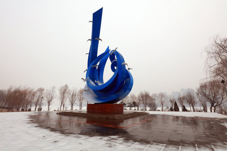 Luannan County-February 19, 2019: City sculptures in snow, Luannan County, Hebei Province, Chinaのeditorial素材