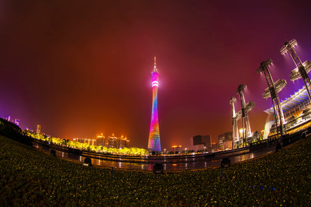 Guangzhou, China-April 4, 2019: Night Landscape of Guangzhou Tower, Guangzhou City, Guangdong...