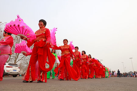 Fengnan County-February 26, 2018: Yangge Dance Performance on the square, Fengnan County, Hebei Province, China.のeditorial素材