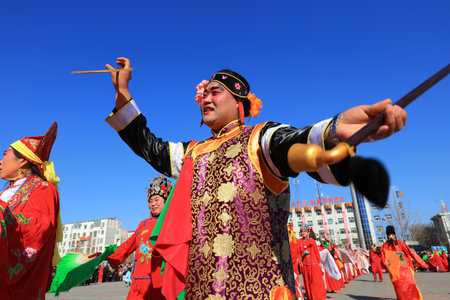 Luannan County-February 17, 2019: Chinese folk dance Yangko performance in the square, Luannan County, Hebei Province, Chinaのeditorial素材