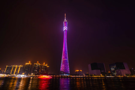 Guangzhou, China-April 4, 2019: Night Landscape of Guangzhou Tower, Guangzhou City, Guangdong Province, Chinaのeditorial素材