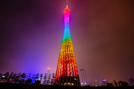 Guangzhou, China-April 4, 2019: Night Landscape of Guangzhou Tower, Guangzhou City, Guangdong Province, Chinaのeditorial素材