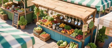 Outdoor farmers market stall displaying fresh vegetables and fruits under a striped canopyの素材