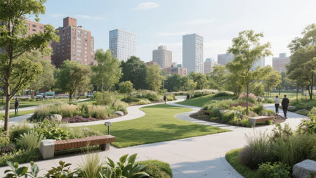Urban park with winding pathways, green lawns, and surrounding city buildings on a sunny dayの素材