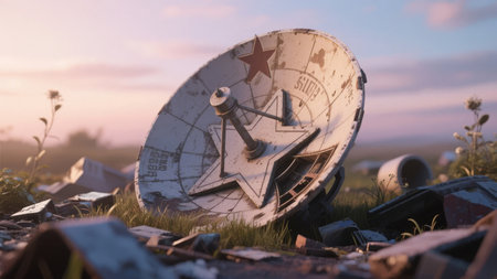 Abandoned satellite dish with star emblem lies amidst debris in a field at duskの素材