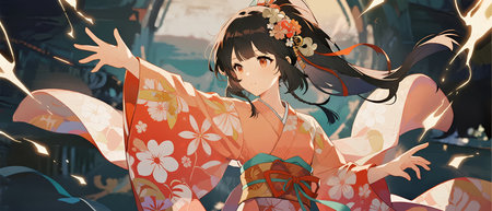 Anime-style illustration of a woman in a floral kimono with flowing hair and dynamic poseの素材