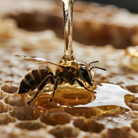 Honey dripping onto a honeycomb with a bee nearbyの素材