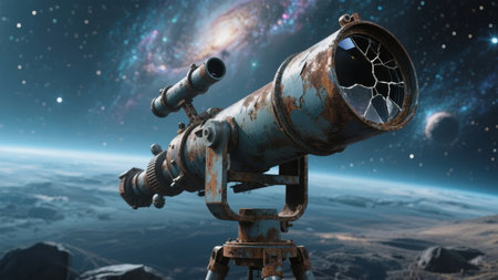 Rusty telescope pointing toward a starry galaxy above a planetary landscapeの素材