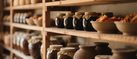 Wooden shelves filled with jars and ceramic containers holding dried goods and preserved foodsの素材