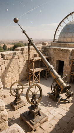 Historic astronomical telescope on stone platform with observatory dome in backgroundの素材