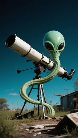 Green alien with long neck using telescope in outdoor settingの素材