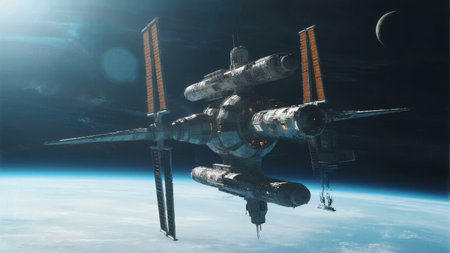 Space station orbiting Earth with solar panels and modular structure against a backdrop of the moon and atmosphereの素材