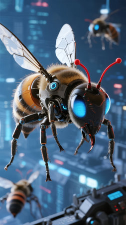 Cybernetic bee with glowing blue eyes flying in a futuristic urban environmentの素材