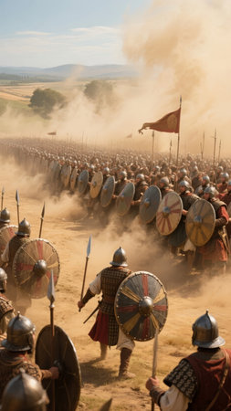 Ancient army marching in formation across a dusty battlefield with shields and spearsの素材