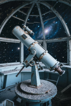 Old telescope inside observatory dome with starry night sky and galaxy visible through windowsの素材