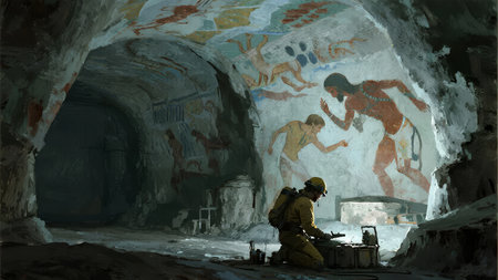 Archaeologist examining ancient cave paintings in a dimly lit underground chamberの素材